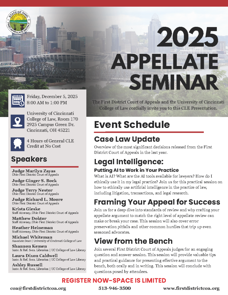 2025 Appellate Seminar flyer with time, location, and course details